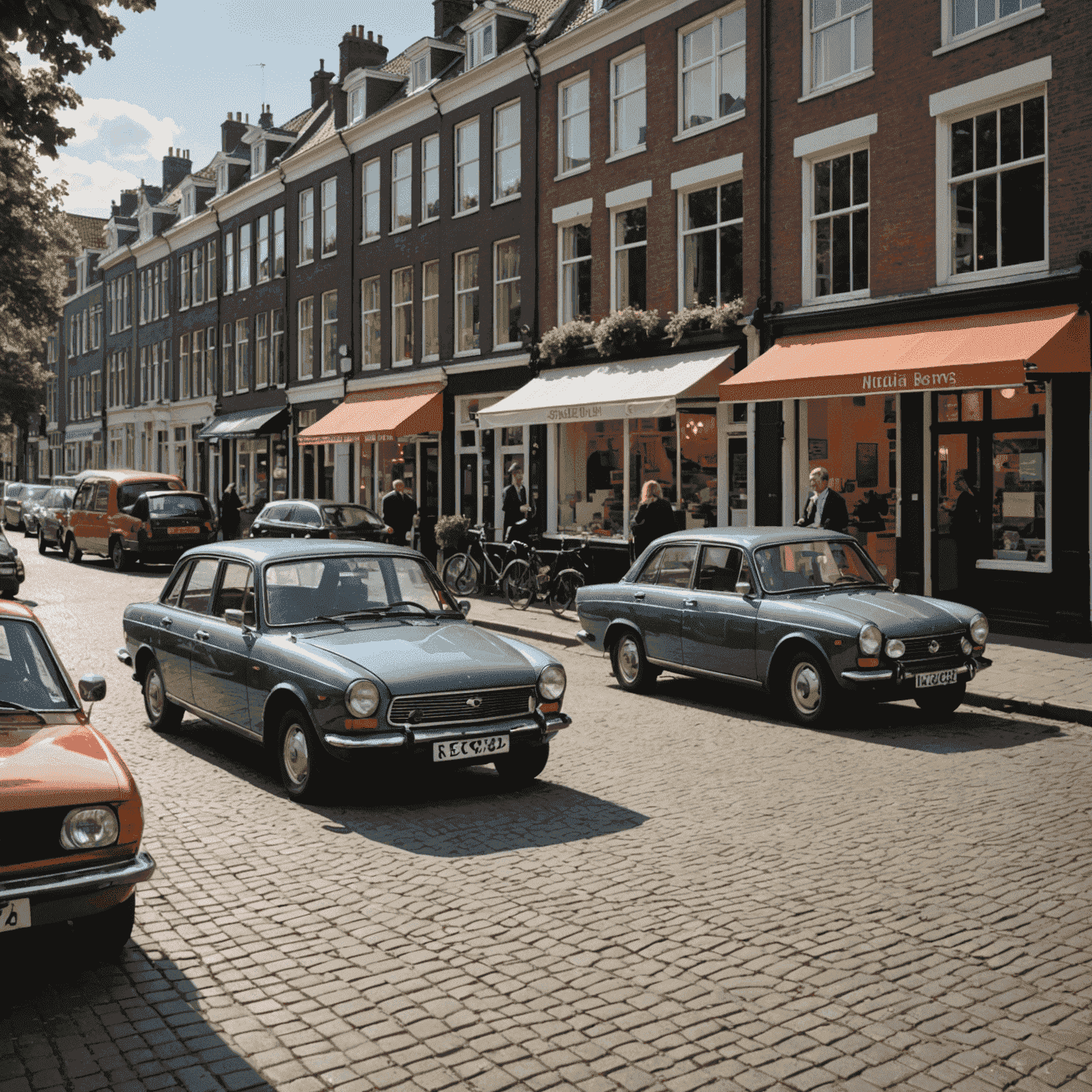 Een Nederlandse straat met geparkeerde auto's en een verzekeringsagent die een polis uitlegt aan een autoeigenaar