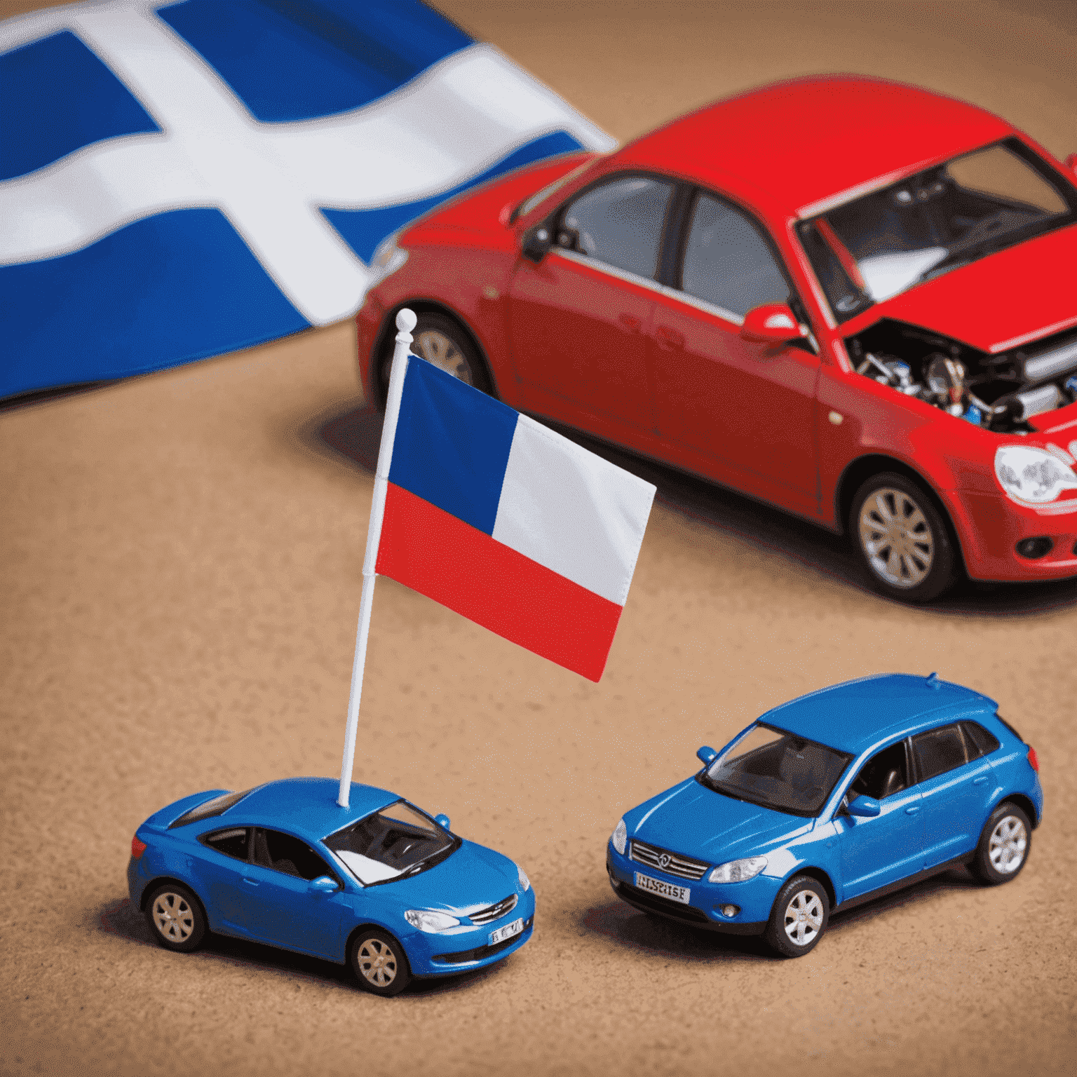 Een Nederlandse vlag naast een autoverzekeringspolis en een miniatuur auto, symboliserend autoverzekering in Nederland.