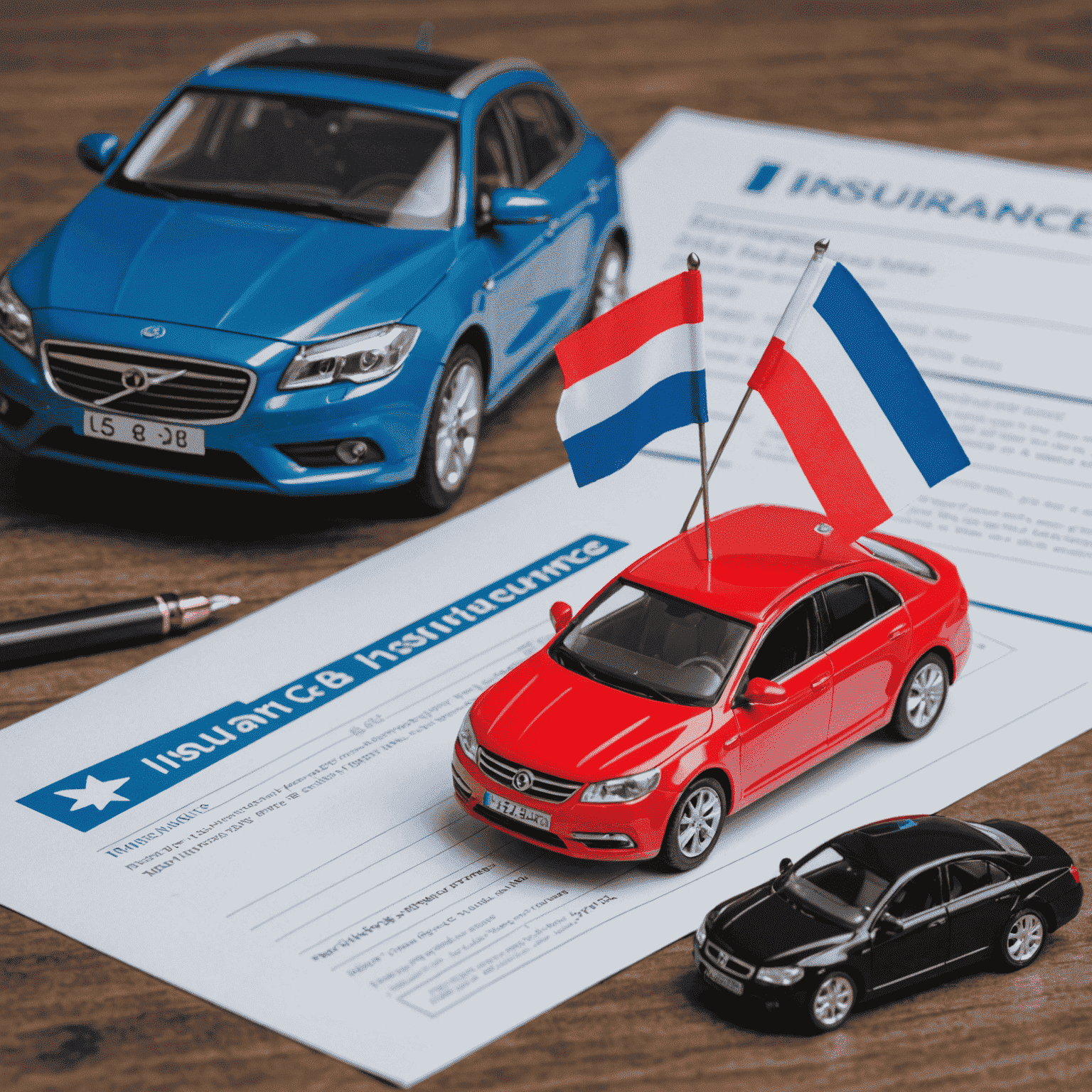 Een Nederlandse vlag naast een autoverzekeringspolis en een miniatuur auto, symboliserend autoverzekering in Nederland.