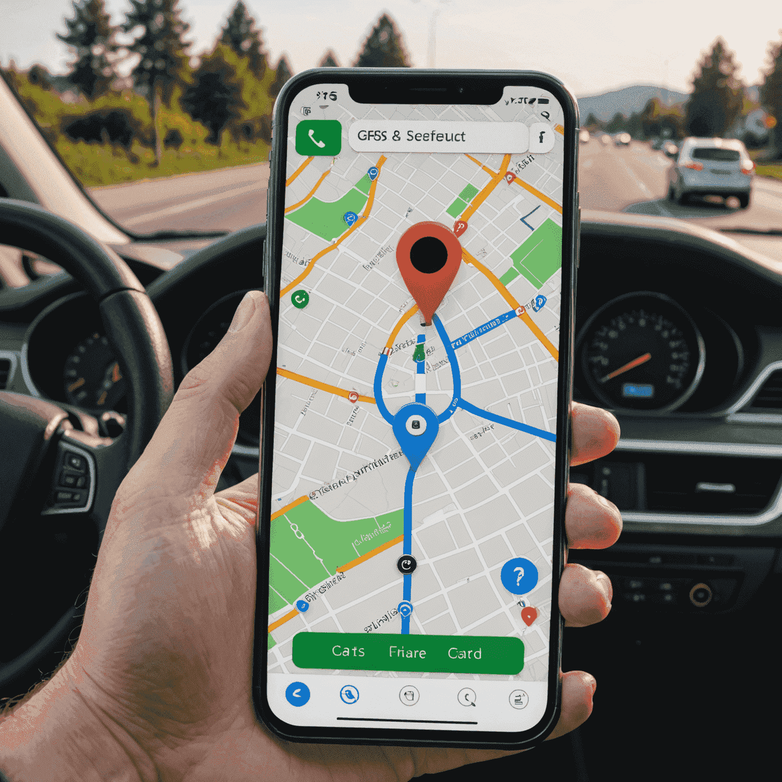 Smartphone-scherm met een GPS-tracking app die de locatie van een auto in realtime toont