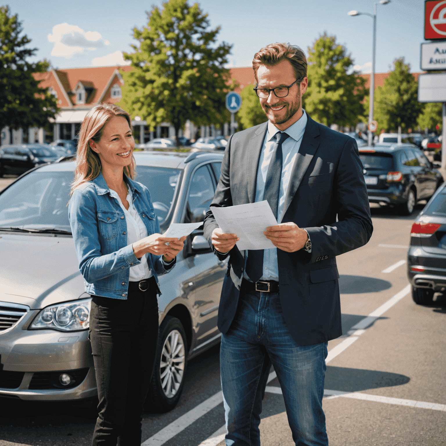 Een tevreden Nederlandse autoeigenaar die een autoverzekeringspolis ontvangt van een verzekeringsagent, met op de achtergrond een veilige parkeerplaats